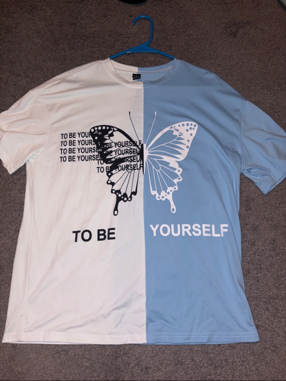 SHEIN White and Light Blue Half-and-Half Butterfly Graphic Tee